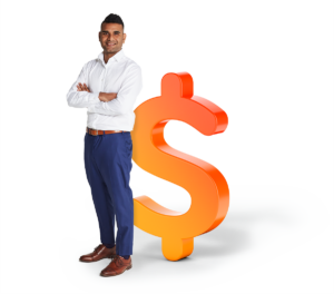 OFX staff member, Navi, smiling with his arm crossed, wearing a white shirt and blue suit pants, standing next to an 3D orange dollar icon